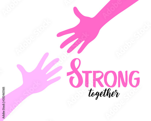 Two hands reaching to each other. Helping hand. Breast cancer awareness month. Strong together concept.