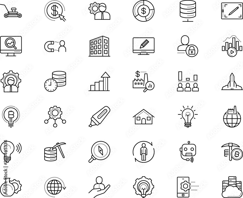 Naklejka premium business vector icon set such as: lens, mark, find, material, community, manufacture, video, resume, protection, center, worldwide, mindset, hand gesture, lightspot, lawnmower, state, buy, pie
