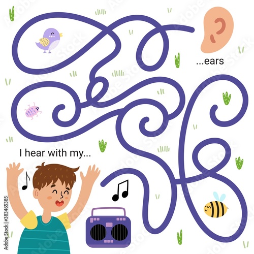 I hear with my ears. Funny maze game for kids. Learning five senses 