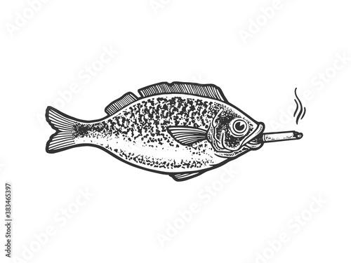 fish smokes a cigarette sketch engraving vector illustration. T-shirt apparel print design. Scratch board imitation. Black and white hand drawn image.