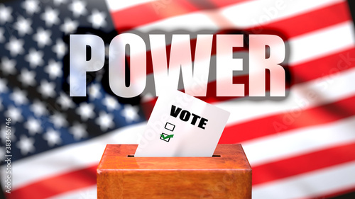 Power and voting in the USA, pictured as ballot box with American flag in the background and a phrase Power to symbolize that Power is related to the elections, 3d illustration photo
