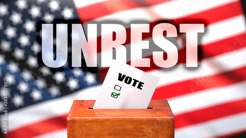 Unrest and voting in the USA, pictured as ballot box with American flag in the background and a phrase Unrest to symbolize that Unrest is related to the elections, 3d illustration