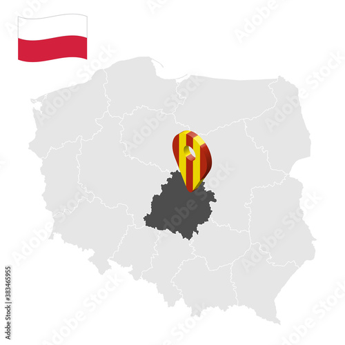 Location of Lodz Province on map Poland. 3d location sign similar to the flag of Lodz Province. Quality map with provinces of Poland for your design. EPS10. 