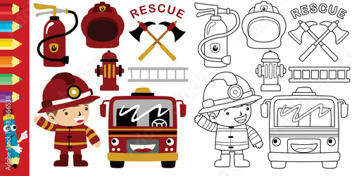 firefighter equipment tools cartoon, coloring book or page