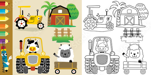 farm field theme cartoon with funny animals and tractors, coloring book or page