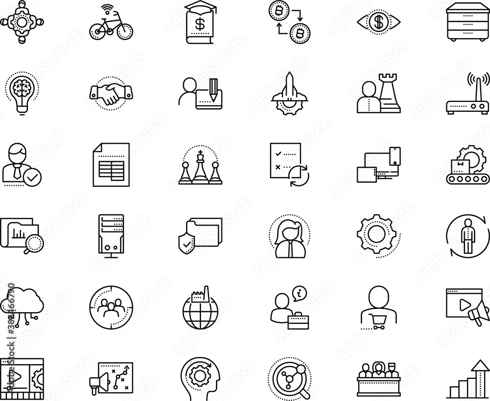 business vector icon set such as: protection, site, bicycle, designer, planet, cart, solar, traffic, lightbulb, modem, buy, creation, digital gold, transportation, folder, collaboration, bachelor