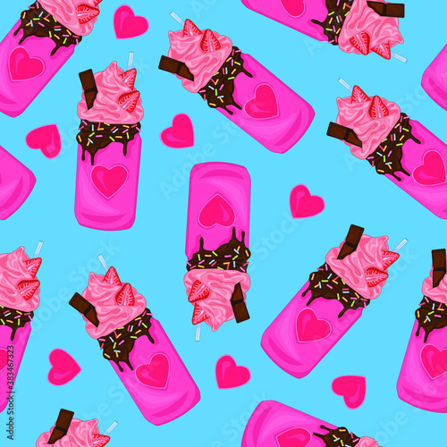 Realistic cartoon milkshake in a heart jar with chocolate, rainbow sprinkles and strawberry seamless pattern template. Colorful vector illustration on bright blue background for games, print, fabric