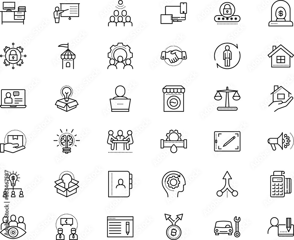 business vector icon set such as: quarantine, seminar, change, connection, purchase, coach, call, parcel, campaign, shiny, exterior, judicial, plumber, password, pencil, map, birth, laundry, pipe