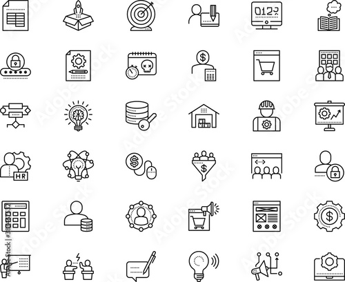 business vector icon set such as: excel, help, policy, comment, application, conceptual, atom, monitoring, effective, ask, science, month, black, basket, protect, model, presenter, appointment