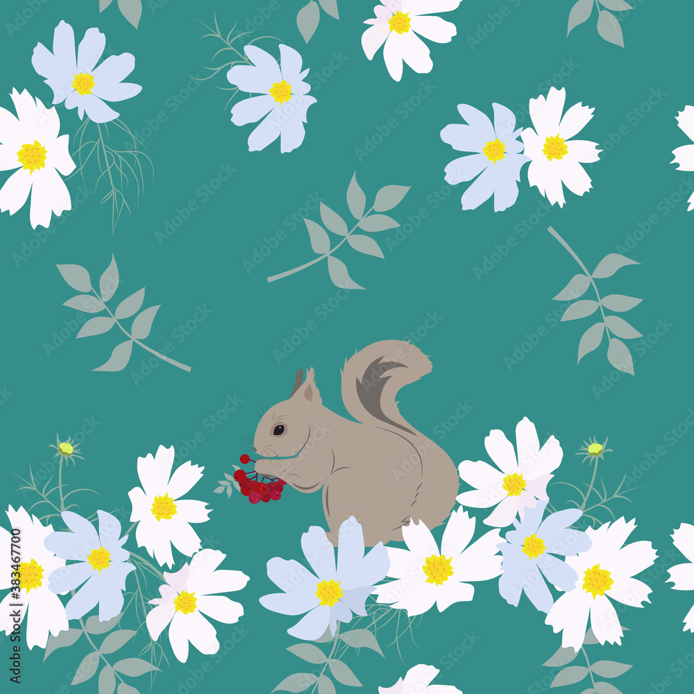 Seamless vector illustration with delicate flowers and a squirrel.