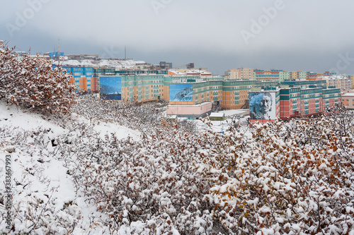 Anadyr, Chukotka, Russia. View of snow-covered bushes and colorful multi-colored buildings. Modern northern city in the Arctic. Cold snowy autumn weather in the far north of Russia.