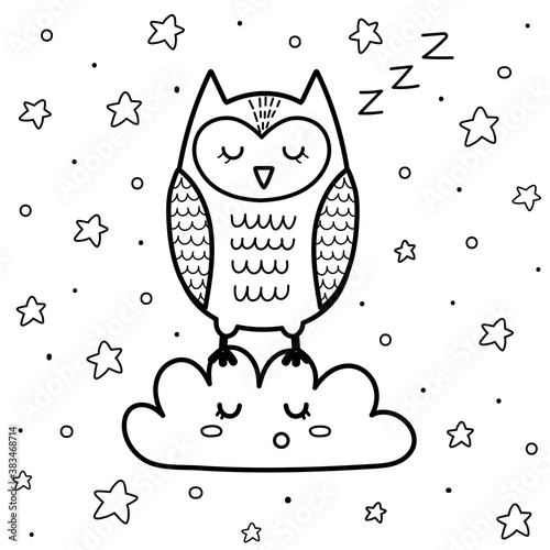 Cute sleeping owl on the cloud coloring page for kids. Good night coloring book with stars