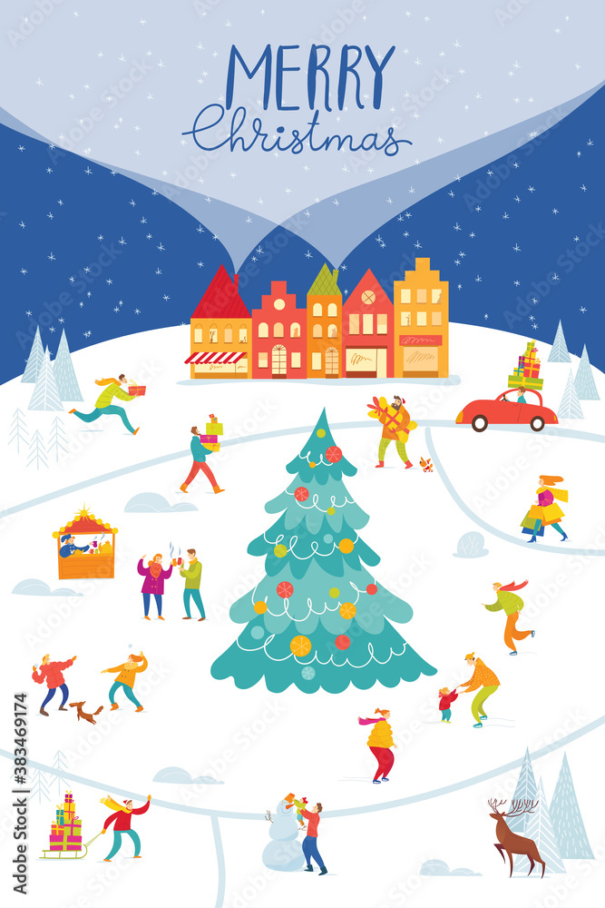Christmas Market poster with city map and people doing winter activities.