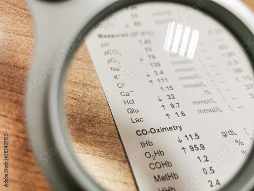 Results of arterial blood gas analysis reviewed under magnifying glass.