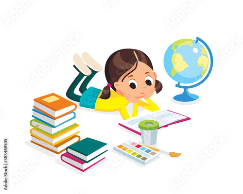 Little baby girl is reading a book and dreaming laying on floor. Pile of books. Vector illustration. Flat design.