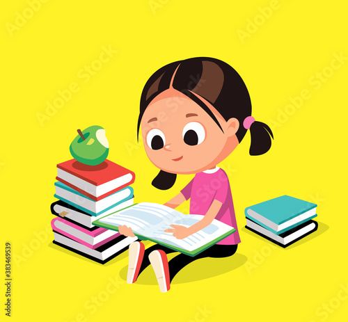 Little baby girl is reading a book and dreaming sitting on floor beside near with pile of books. . Pile of books. Vector illustration. Flat design.