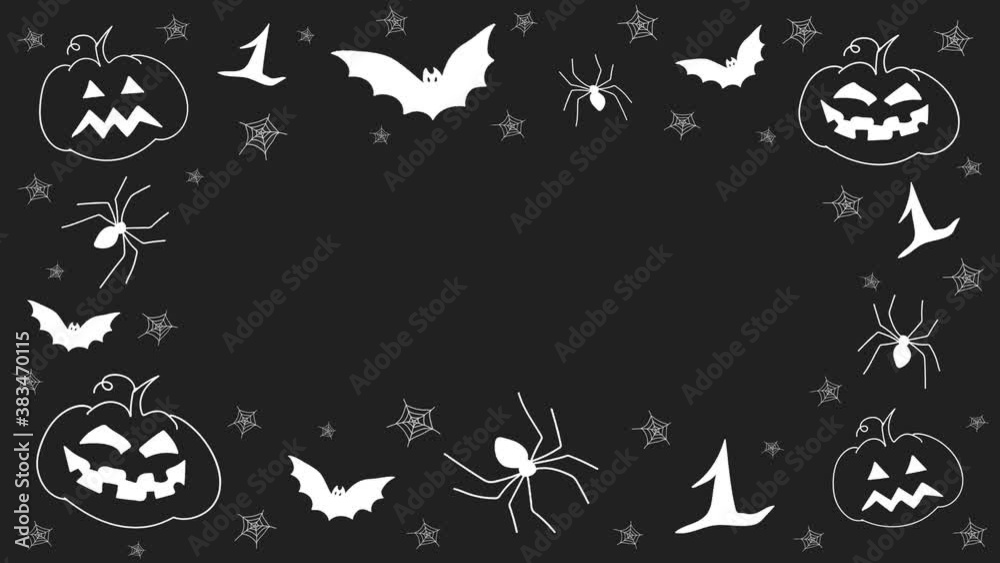 White halloween hand drawn doodles stop motion animation, with pumpkins, spiders and bats, on a black background