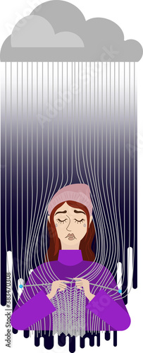 Depressed, sad woman in the rain. The concept of depression, stress, psychological disorders. Vector illustration. Isolated