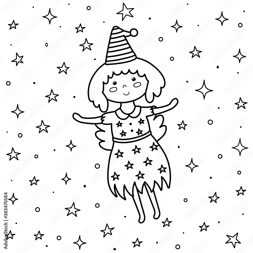 Coloring page for kids with a cute fairy. Fantasy little witch flying ...