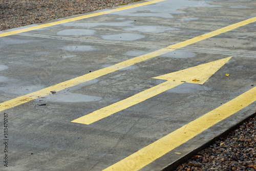 Yellow lines and arrows on a wet concrete path in the park. Yellow directional line on the road.