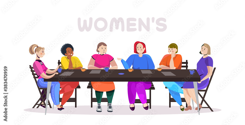 mix race women discussing during meeting at round table female empowerment movement girl power union of feminists concept horizontal full length vector illustration mix race women discussing during meeting at round table female empowerment movement girl power union of feminists concept horizontal full length vector illustration