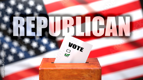 Republican and voting in the USA, pictured as ballot box with American flag in the background and a phrase Republican to symbolize that Republican is related to the elections, 3d illustration photo
