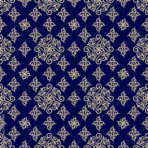 Seamless blue background with beige pattern in baroque style. Vector retro illustration. Islam, Arabic, Indian, ottoman motifs. Perfect for printing on fabric or paper.