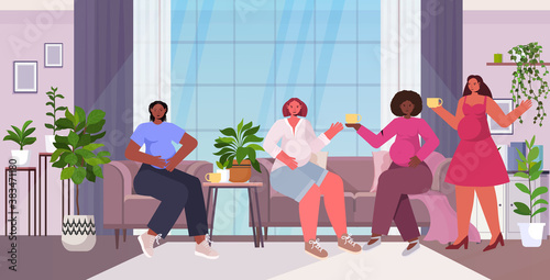 mix race women discussing during meeting female empowerment movement girl power union of feminists concept living room interior horizontal full length vector illustration