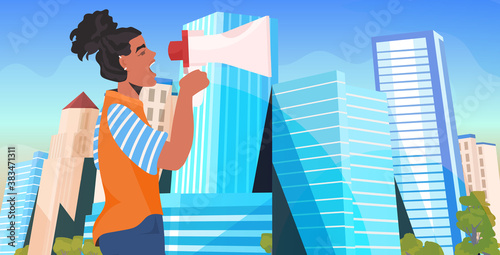 girl activist holding talking in loudspeaker female empowerment movement women power concept cityscape background horizontal portrait vector illustration