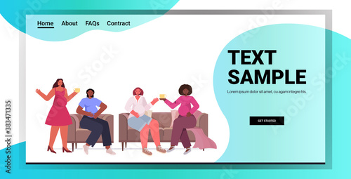 mix race women discussing during meeting female empowerment movement girl power union of feminists concept horizontal full length copy space vector illustration