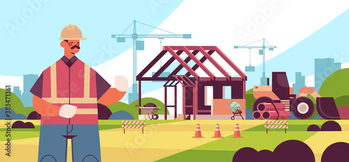 engineer in uniform supervising process construction buildings concept builder in helmet and vest working on construction site portrait horizontal vector illustration