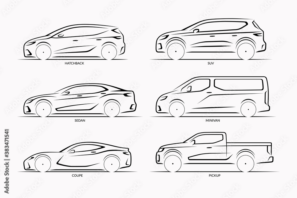Fototapeta Set of vector car silhouettes. Side view of hatchback, sedan, coupe, SUV, minivan, pickup