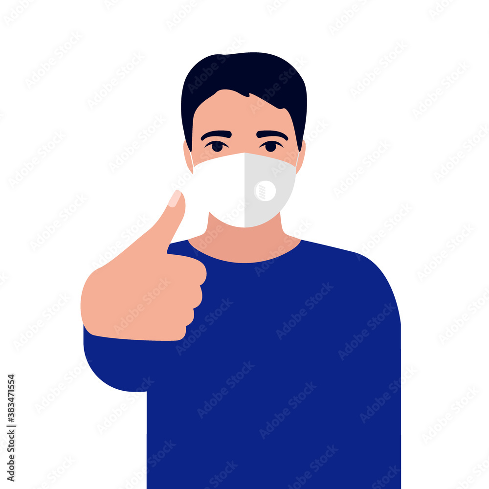 Caucasian young man with disposable face mask and showing thumb up. Protection versus viruses and infection. Respiratory mask for safe, health care. Male showing gesture ok, greeting. Vector Caucasian young man with disposable face mask and showing thumb up. Protection versus viruses and infection. Respiratory mask for safe, health care. Male showing gesture ok, greeting. Vector