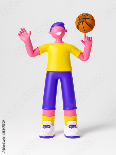 Cute happy young boy with basketball ball. Outdoor healthy sport activity, extreme sport and lifestyle. 3d illustration.