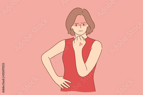 Emotion, face, rage, anger, fury, stress concept. Young angry furious woman girl cartoon character showing fists wanting punch hit or having nervous. Negative facial expression or feeling illustration