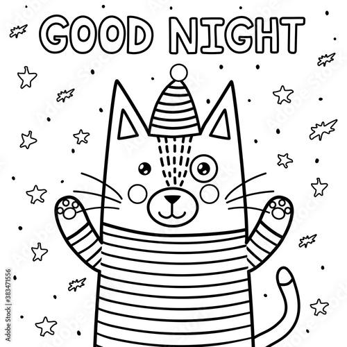 Good night coloring page with a funny cat. Black and white background
