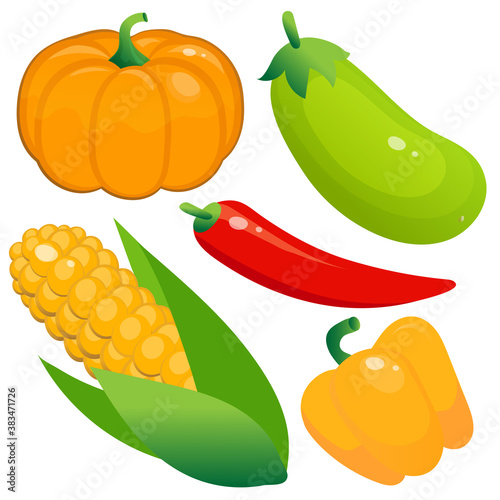 Color image of cartoon pumpkin, zucchini, corn, pepper and red pepper on white background. Vegetables. Vector illustration set for kids.