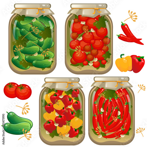 Color image of jars of marinated vegetables. Pickles. Cans of pickled tomatoes, cucumbers and peppers. Food and cooking. Vector illustration set.