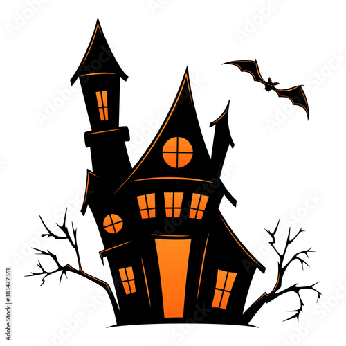 Haunted old house for Halloween. Vector silhouette of scary old house. Mystical spooky house with monsters and ghost. Black halloween castle. For flyer or invitation template for Halloween party