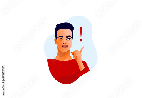Thinking man. Concept of a great idea. Beautiful male face, positive emotions. Vector illustration