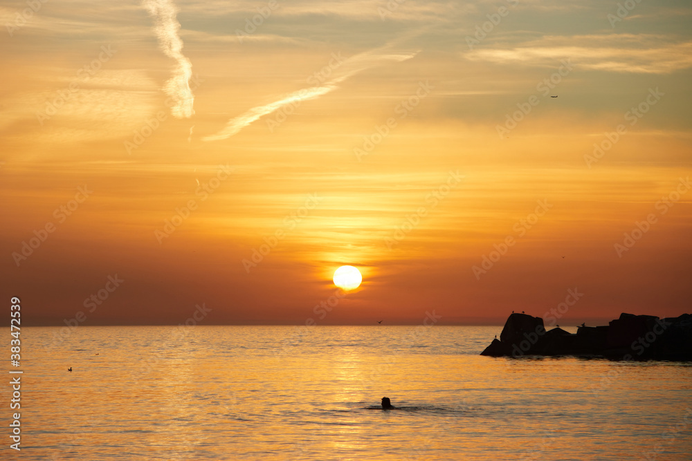 Barceloneta beach at sunrise in Barcelona, Spain