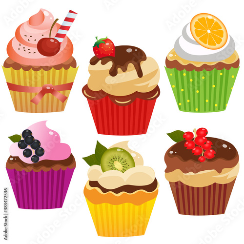 Color images of holiday cupcakes or muffins on white background. Pastry and bakery. Vector illustration set for kids.