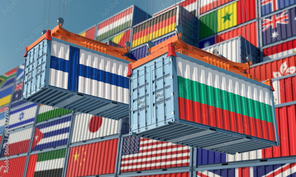 Freight containers with Finland and Bulgaria flag. 3D Rendering