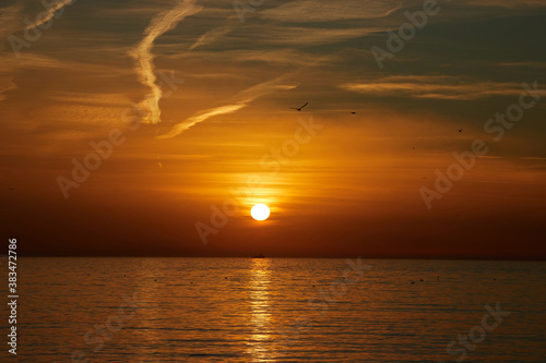 Barceloneta beach at sunrise in Barcelona, Spain