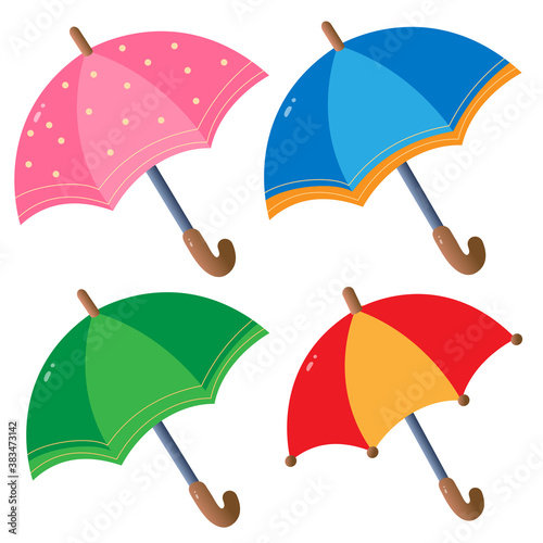 Color images of multicolored umbrellas for kids on white background. Vector illustration set.