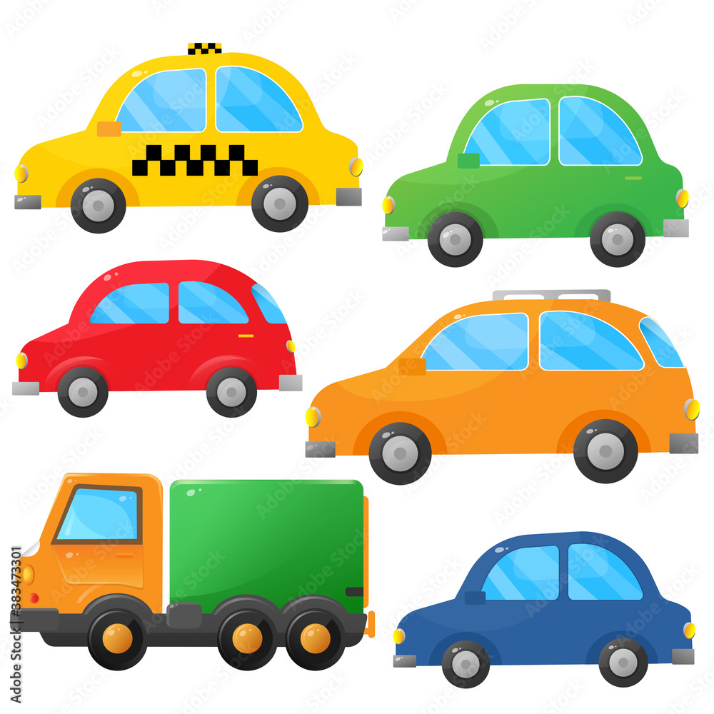 Color images of cartoon cars on white background. Taxi, passenger cars and truck. Transport or vehicle. Vector illustration set for kids.