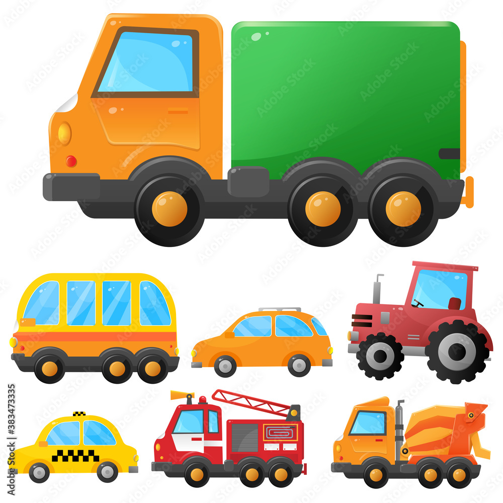 Color images of cartoon cars. Taxi and passenger car. Truck and tractor. Fire truck and concrete mixer. Transport or vehicle. Vector illustration set for kids.