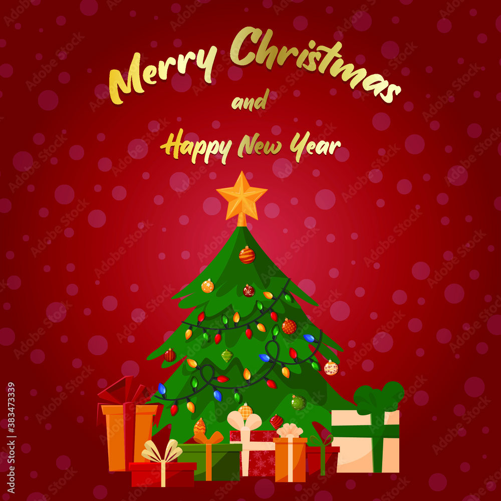 Naklejka premium Christmas tree with New Year decorations. Various boxes with gifts. Vector illustration. For cards, flyers and backgrounds
