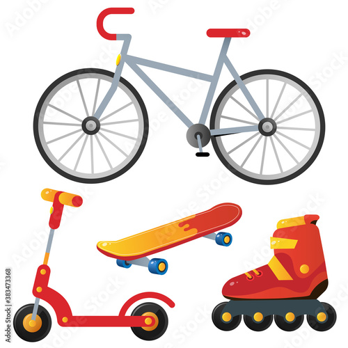 Color image of red Bicycle, scooter, skateboard and roller skates. Summer outdoor games and active recreation. Vector illustration set for kids.