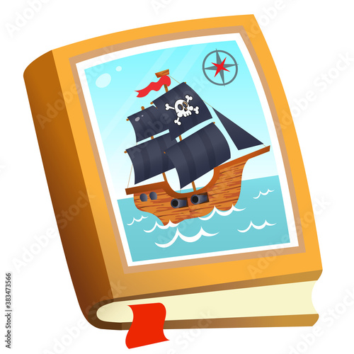 Color image of children's book about pirates on white background. Fairy tales and adventure. Vector illustration for kids.